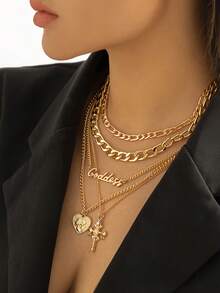 5 Stücke/Set Vintage Mehrschichtiges Herz geprägtes Portrait Kreuz Halskette, Hip-Hop personalisierte Buchstaben Kette Schmuck