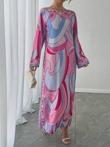 1pc Women's Long Geometric Print Flare Sleeve Casual Robe, Elegant Arabic Style Gown Suitable For Party, Holiday, Luxury Evening Wear - Pink - View 3