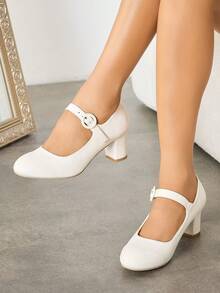 1双搭扣粗跟高跟鞋，纯色通勤百搭专业派对正式优雅厚底闭趾女鞋 - 白色 - 查看 5