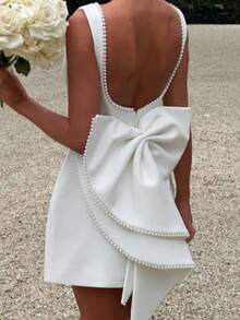 Women's New Summer Pearl Bow Fashionable Slim Short Skirt, Hot Girl Waist-Detached A-Line Solid Color Dress - 白色 - 查看 2