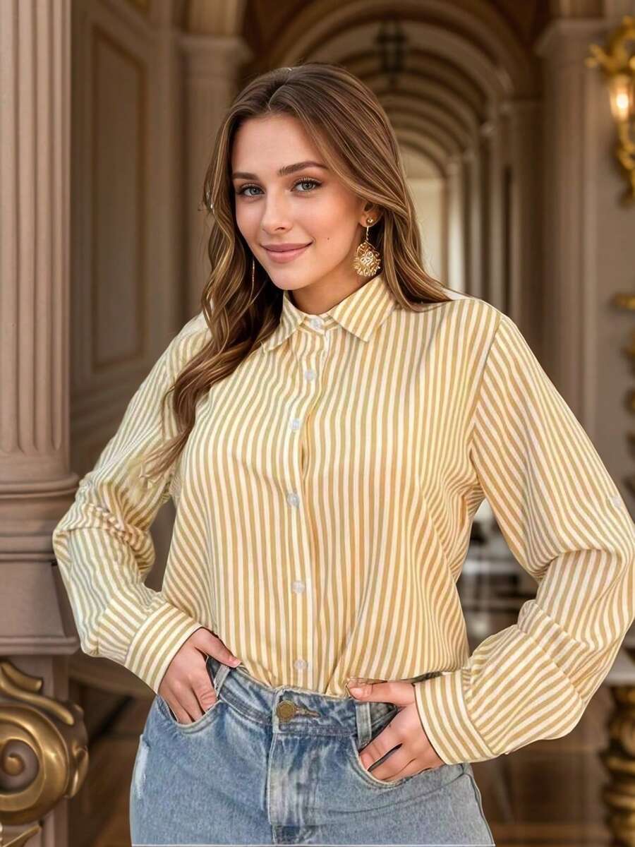 Steve Store Women's Fashion Striped Dress Shirt Long Sleeve With Buttons Elegant Fashion - Màu Khaki - Xem 1