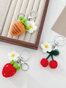 Handmade Crochet Fruit Keychain Accessories, Persimmon, Peanut, Cherry, Strawberry, Carrot Keychain Decor - Multicolor - View 5