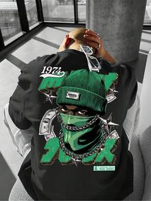 Men'S Urban Fashion Graphic Tee - Lavender Purple Shirt Featuring A Hooded Figure, Money Bags, And Chains - Ideal For Concerts And Parties - Relaxed Fit Casual Top (Machine Washable), Hip Hop T-Shirt, Party Outfit, Striking Design, Comfortable Wear - 黑色 - 查看 1