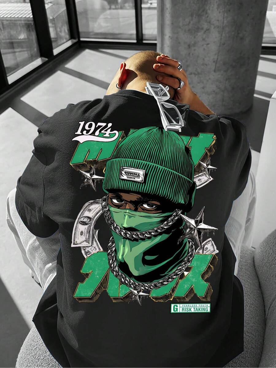 Men'S Urban Fashion Graphic Tee - Lavender Purple Shirt Featuring A Hooded Figure, Money Bags, And Chains - Ideal For Concerts And Parties - Relaxed Fit Casual Top (Machine Washable), Hip Hop T-Shirt, Party Outfit, Striking Design, Comfortable Wear - 黑色 - 查看 1