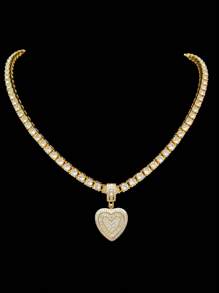 1pc Cubic Zirconia Heart Pendant With 5mm Tennis Chain, Unisex Hip Hop Vintage Pendant Necklace, Suitable For Daily Wear Or Party, Gift For Valentine