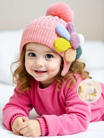 1pc Floral Children's Winter Hat With Pom Pom, Warm Double-Layer Knitted Cap For Girls, Cute & Fashionable, Soft & Comfortable For Outdoor, Suitable For Christmas, Halloween Gift