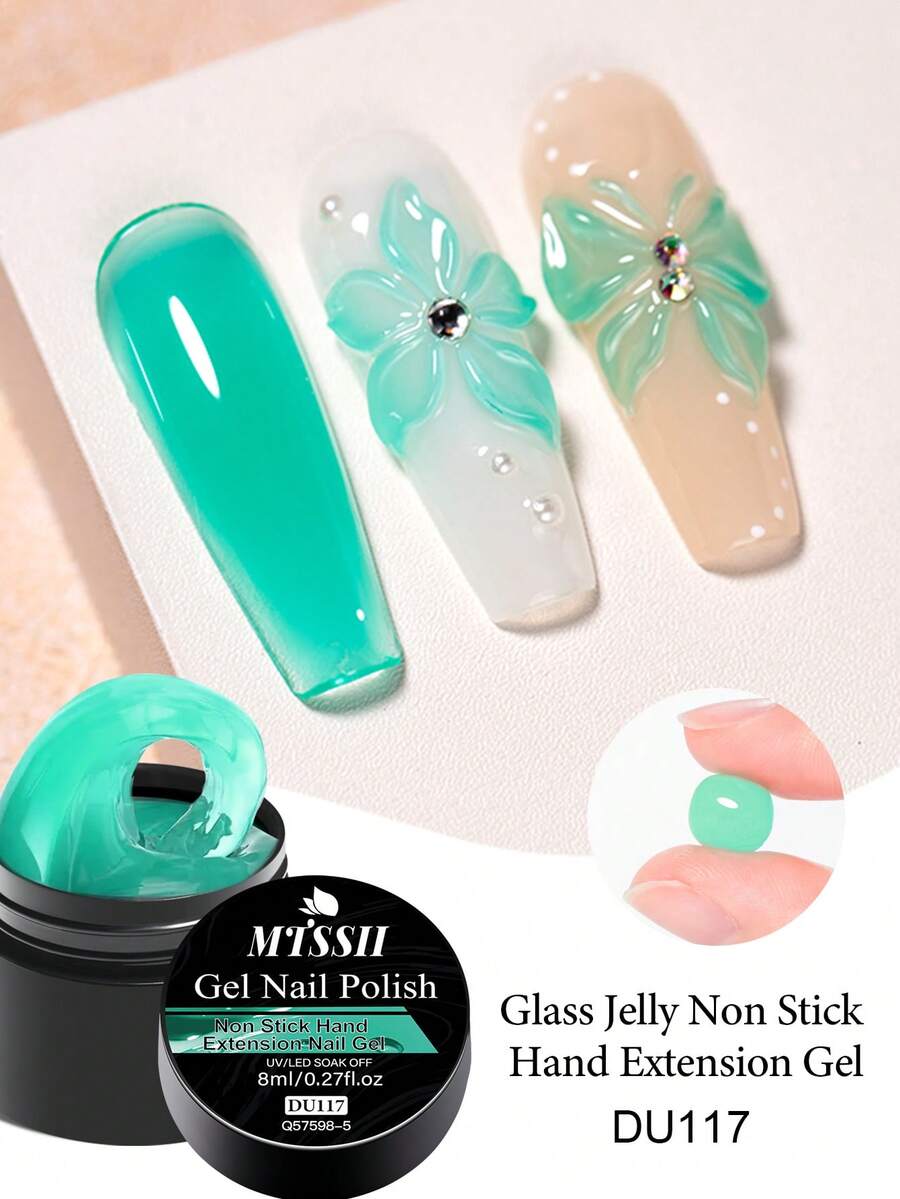 Mtssii 8ml Glass Jelly Non Stick Hand Extension Gel Nail Polish For 3D Carved Flower Nail Art Acrylic Gel Varnish Solid Builder Gel,Nail Art Building UV Gel Milky Jelly Hard Gel For Nail Painting Carving Tools - 青碧色 - 查看 1