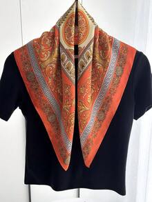 1条方形真丝围巾，女士缎面印花发带，头巾，时尚头巾，披肩，颈巾，发带，服装配饰 - 橘色 - 查看 3