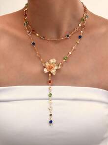 2/4pcs Vintage Metal Jesus Cross & Flower Pendant Y-Necklace, Bohemian Style Colorful Crystal Pendant Necklace Set, Suitable For Women's Daily And Holiday Wear, Gift For Friends (Crystal Color Random) - 款式2 - 查看 14