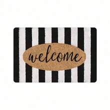 1pc Non-Slip Welcome Doormat With Rubber Backing - Machine Washable Polyester Entry Mat, Grey Black Vertical Stripes & Oval Brown Welcome Sign For Indoor/Outdoor Use In Entryway, Living Room, Patio, Kitchen, Bathroom, Welcome Mat For Front Door Carpet Room Decor Bathroom Accessories Back To School Fall Decor - Multicolor - View 3