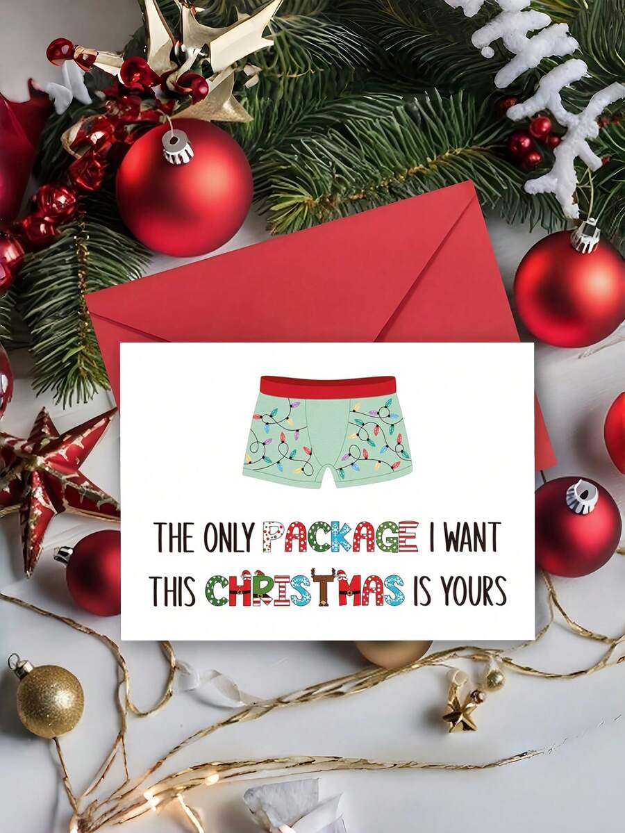 1pc Romantic Christmas Card For Couples - Love Greeting Card With Envelope, "Only Package I Want Is Yours" Message For Boyfriend, Girlfriend, Husband, Wife, Anniversary Or Xmas Gifts - Multicolor - View 1