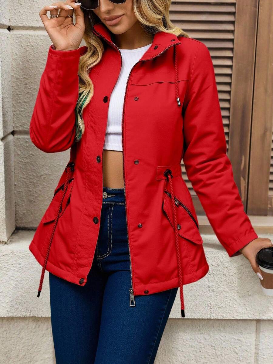 Chamarra Cazadora Larga Para Mujer Con Forro De Peluche - Rojo - Ver 1