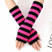 1pair Women's Fashionable Color Block Striped Gloves, Fingerless Knitted Arm Warmers Suitable For Fall/Winter Daily Wear Summer - Multicolor - View 6