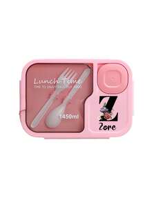 1 pieza Caja de almuerzo de gran capacidad con nombre personalizado, Caja de almuerzo para adultos de 1450ml, de tres compartimentos, a prueba de fugas, impresa con flores rojas e iniciales negras de la A a la Z, Caja de almuerzo personalizada, con cubiertos incorporados y compartimento separado para salsa