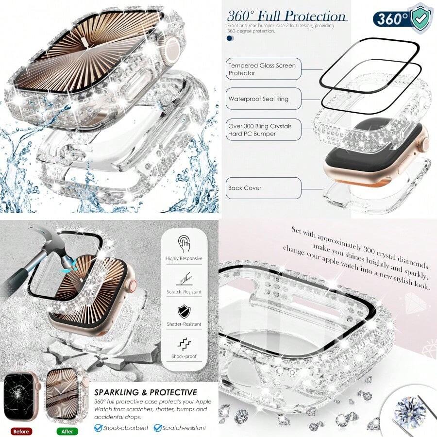 2 In 1 Waterproof Bling Case Compatible With Apple Watch Series 10 42mm Screen Protector Crystals Rhinestone Protective Bumper Face Cover Compatible With Apple Watch 10 42mm Accessories Women Clear Huge Markdown Shockproof Anti-Fall Scratch Resistant Anti-Fingerprint Full Cover Screen Protection Essentials, Applicable To Daily Shield, Office, Home Watch Screen Protector Watch Cover Watch Accessories