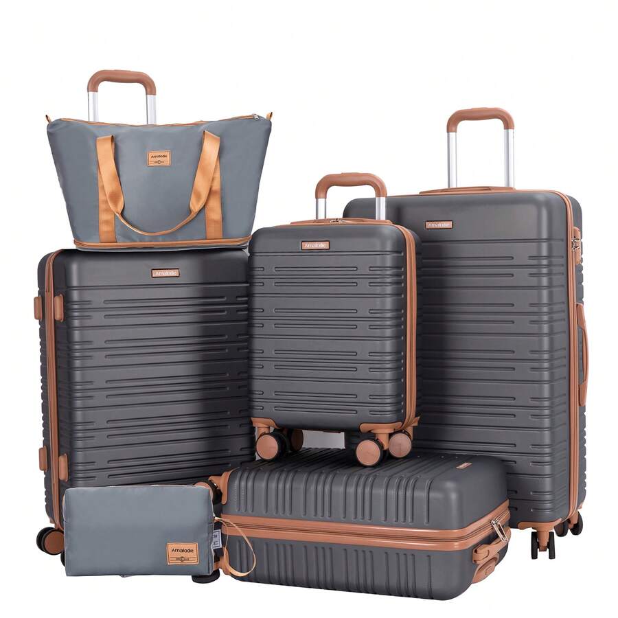 6-Piece Set (16"20"24"28 +2pc Storage Bag) ,Softshell Suitcase Spinner Wheels Terylene Luggage Sets Carry On Suitcase Luggage Lightweight Durable Suitcase - 灰色的 - 查看 1