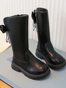 1 Pair Extra Large Black Bow & Colorful Crystal Pendant Decorated Princess Boots, Solid Color Elegant & Fashionable Mid-Calf Boots, Side Zipper Design For Easy On/Off, Thermal Lined For Warmth, Thick Sole For Durable Wear, Suitable For Princess Dresses Or Casual Pants, Fit For Children & Teenage Girls, Autumn/Winter