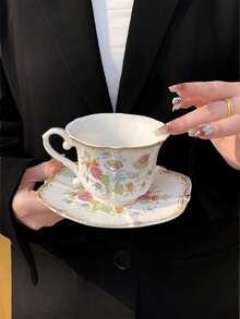 1 Set Vintage Gold-Rimmed Floral Ceramic Cup & Saucer, Elegant Underglaze Decorated Cup & Saucer Set, Luxurious Milk/Afternoon Tea Cup, Classical Ceramic Cup & Saucer, Suitable For Home, Restaurant, Cafe, Dessert Shop, Gift, Gathering, Party - Multicolor - View 6