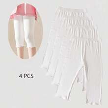 4 Pairs Summer Girls/Kids/Infants Ruffle Edge Capri Leggings, White/Gray/Black/Pink Solid Colors, Thin 3/4 Length Pants, Casual Cute Fashion, Soft & Comfortable Bottoms, Suitable For Daily Wear, Can Be Paired With Tops Or Skirts