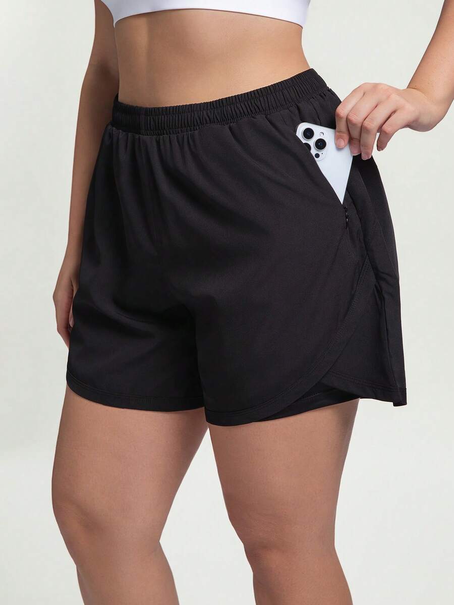 1pc Plus Size Women's Shorts, 2-In-1 Solid Color Lining 2 In 1 Sports Pants, Elastic Waist Two Pieces Set, Suitable For Running, Sports, Yoga, Fitness In Summer Black