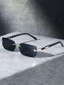 1 pieza Montura de gafas de moda para hombres, diseño rectangular sin marco, material de metal de lujo, estilo retro, accesorio esencial para usuarios, versátil y clásico