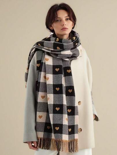 1pc Colorful Printed Elegant Soft Scarf Shawl For Women, Versatile Plaid Heart Design, Suitable For Summer Air-Conditioned Rooms