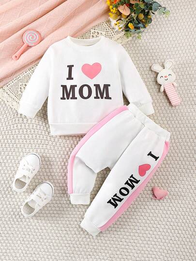 مجموعة بنطلون وبلوزة طويلة الأكمام مطبوع عليها "أنا أحب أمي" للأطفال البنات، بطانة حرارية، ملابس شتوية