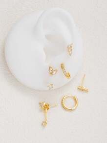 6pcs Fashionable Minimalist Elegant Delicate Retro Design Cubic Zirconia Bling Bling Shiny Leaf & Heart Front & Back Stud Earrings Set, Cute For Holiday, Party, Date, Gift, Daily Wear - 6pcs - View 4