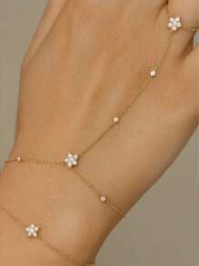 1 件花卉指链，简约水钻手链手链戒指套装，时尚百搭，适合女性 - 金色 - 查看 1