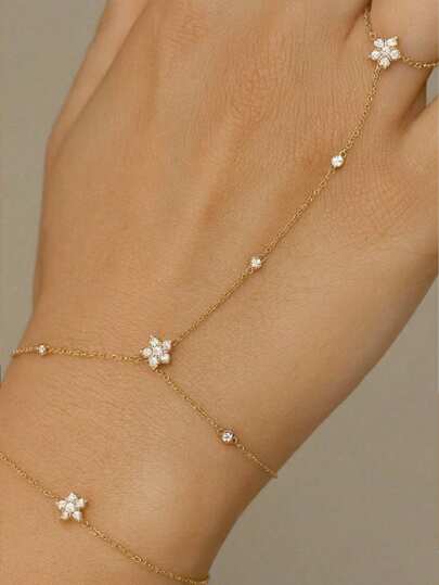 1pc Floral Finger Chain, Minimalist Rhinestone Hand Chain Bracelet Ring Set, Fashionable & Versatile For Women