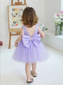 女婴手工串珠 3D 蝴蝶结圣诞派对薄纱优雅连衣裙，公主裙，适合女孩 1 岁生日礼物、派对、宴会、节日庆典 - 淡紫色 - 查看 8