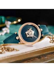 Versace 女士经典皮革表带石英表，搭配玫瑰金不锈钢表壳，适合女士优雅礼品腕表 - 綠色 - 查看 4
