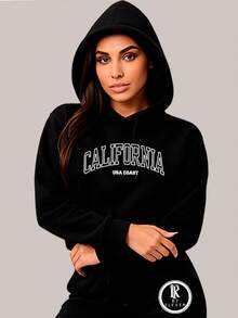Women's Cold Weather Sweatshirt In Various Colors With California USA Print Fast Shipping Blouse With Pocket And Hood - 黑色 - 查看 4
