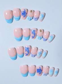 24Pcs Short Oval 3d Gelnails Makes Ocean Nails Turtle And Whale Patterns With Shell ,Pearl Decoration Design French Tip Press On Nails Short Fit Perfectly Acrylic False Nails Set,Include: 1pc Jelly Glue And 1pc Nail File, French Tip Nails & Summer Nails For Woman Girl Daily Work Festivals Party Use