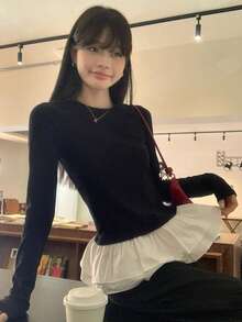 芭蕾风格荷叶边黑色长袖 T 恤，女式新款修身汗衫 - 黑色 - 查看 6