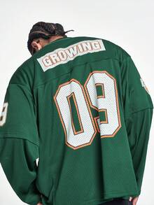 MT99 Camisa de manga larga de secado rápido con cuello en V hueco, estampado de letra 09 y manga globo, estilo americano, color verde oliva - Verde - Ver 3