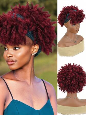 适合的头带式假发，合成短款非洲式卷发黑色假发，带刘海围巾假发，二合一非洲式头带式假发，附有头带，深棕色高蓬松马尾