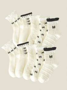 5 双儿童袜子，蝴蝶结钻石格子方形格子图案女童四季风格可爱休闲优雅风格日常出行上学可穿儿童中筒袜。 - 彩色 - 查看 22