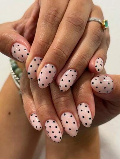 24pcs Nails Press On Black Polka Dots False Nails Short Fake Nails Oval Shape Press On Nails Manicure Set Includes 1sheet Adhesive Tabs & 1pc Mini File Perfect For Everyday Wear