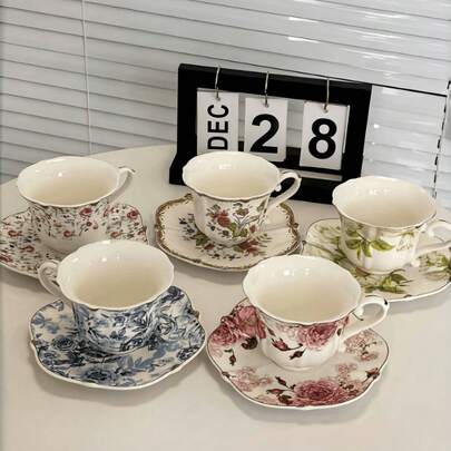 1套复古金边花卉陶瓷杯碟，优雅釉下彩装饰杯碟套装，奢华牛奶/下午茶杯，古典陶瓷杯碟，适用于家庭、餐厅、咖啡厅、甜品店、礼品、聚会、派对