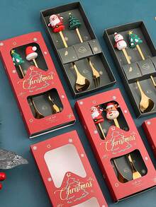 2pcs/Set Cute Christmas Spoon + Christmas Fork - Santa Claus Figurine Spoon + Fork Set - Cartoon Adorable Christmas Gift Set