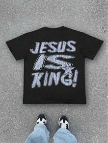 [Soft 100% Cotton] Men's Jesus Is King Letter Print Short Sleeve Tee, Loose Casual Comfy T-shirt for Summer, Men's Top for Daily Wear, Tropical Menswear Distressed - nero - Visualizzare 1