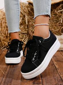 Zapatillas casuales de unicolor para mujer, ligeras y versátiles, con suela gruesa y cordones delanteros, ideales para estudiantes universitarios, aptas para todas las estaciones y perfectas para caminar a diario