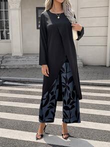 Conjunto de 2 piezas de camisa de manga larga con cuello redondo y bajo asimétrico casual + pantalones estampados con flores, diseño asimétrico/asimétrico sin superposición, patrón de plantas/hojas