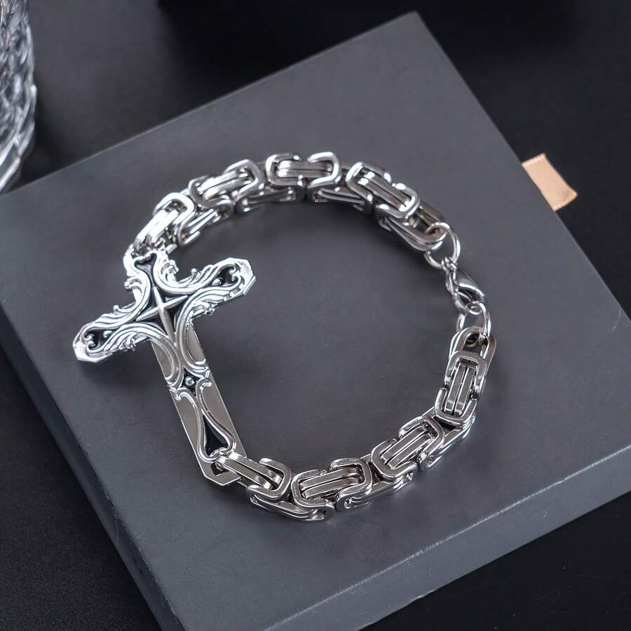 Thick Stainless Steel Cross Bracelet With 8mm Thick Emperor Chain - 銀色 - 查看 1