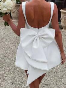 Women's New Summer Pearl Bow Fashionable Slim Short Skirt, Hot Girl Waist-Detached A-Line Solid Color Dress - 白色 - 查看 3