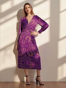 Floral Print V Neck Midi Dress For Women - Lightweight Chiffon With A-Line Silhouette  Elastic Waist - Elegant Summer Dress For Party, Date  Daily Wear - 紫色 - 查看 2