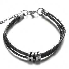 Personalized Men's Leather Bracelet, Black Leather Strap, Stainless Steel Beads, Laser Engraved Family Name, Date, Symbol, Letter, Number, Holiday, Birthday Gift - Black - View 4
