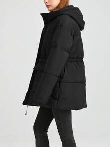 New Women's Black Hooded Padded Coat With Drawstring And Pockets Long Regular Sleeve Winter Jacket
