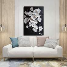 1pc 30x40cm(12x16inch) BlackanWhiteAbstractBloomingFlowerPainting,BlackanWhiteAcrylicPaintingonCanvas,FloralHeavyTetureArt,LivingRoomDecor Framed